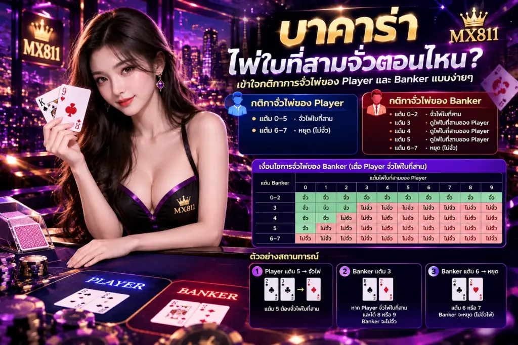 อินโฟกราฟิกกติกาจั่วไพ่ใบที่สามบาคาร่า Player และ Banker พร้อมตารางเงื่อนไขการจั่วไพ่ MX811