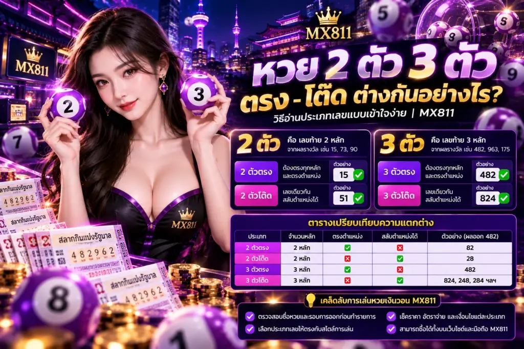 อินโฟกราฟิกหวย 2 ตัว 3 ตัว ตรงและโต๊ด เปรียบเทียบประเภทเลขและตัวอย่างการตรวจผล MX811