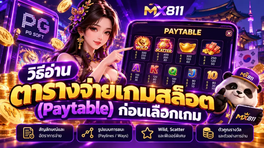 วิธีอ่านตารางจ่ายเกมสล็อต Paytable สัญลักษณ์ Wild Scatter และตัวคูณรางวัล MX811