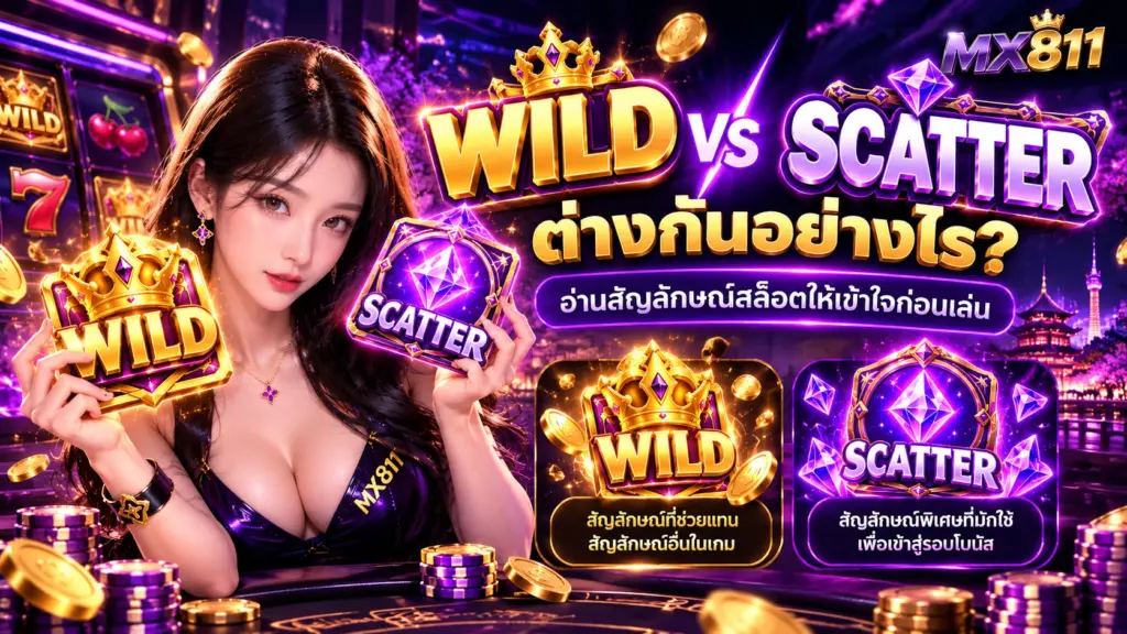 Wild กับ Scatter ต่างกันอย่างไร ภาพเปรียบเทียบสัญลักษณ์เกมสล็อต พร้อมคำอธิบายธีมสีม่วง MX811